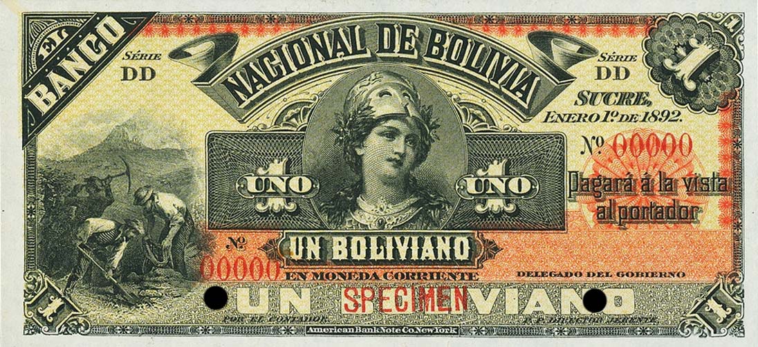 Front of Bolivia pS211s: 1 Boliviano from 1892