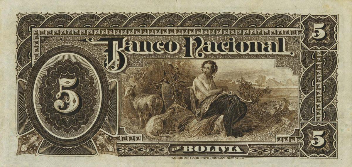 Back of Bolivia pS212a: 5 Bolivianos from 1892