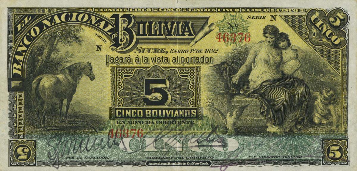 Front of Bolivia pS212a: 5 Bolivianos from 1892