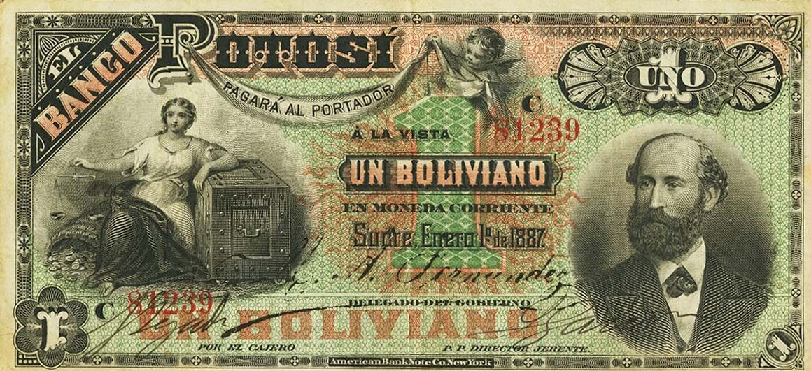 Front of Bolivia pS221a: 1 Boliviano from 1887