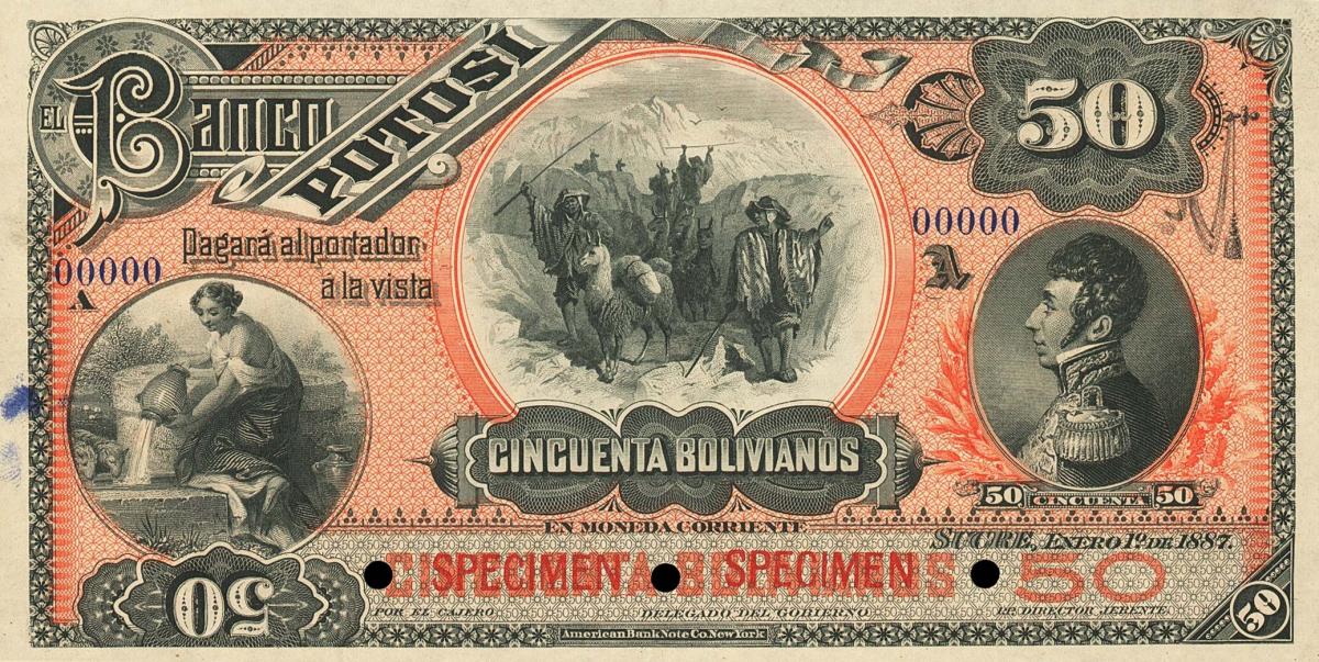 Front of Bolivia pS225s: 50 Bolivianos from 1887