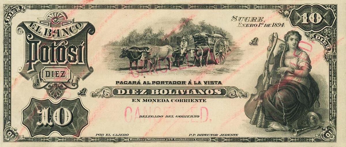 Front of Bolivia pS233p: 10 Bolivianos from 1894