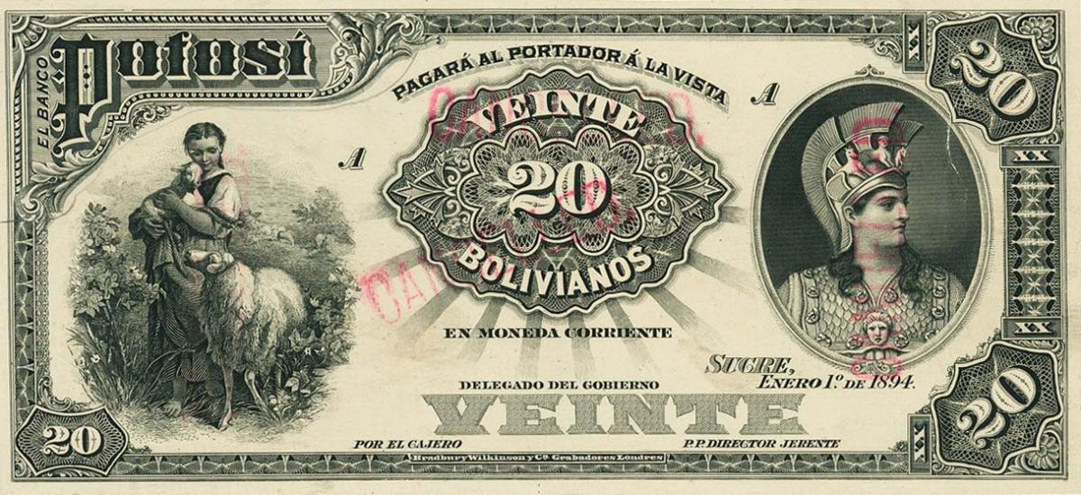 Front of Bolivia pS234p: 20 Bolivianos from 1894