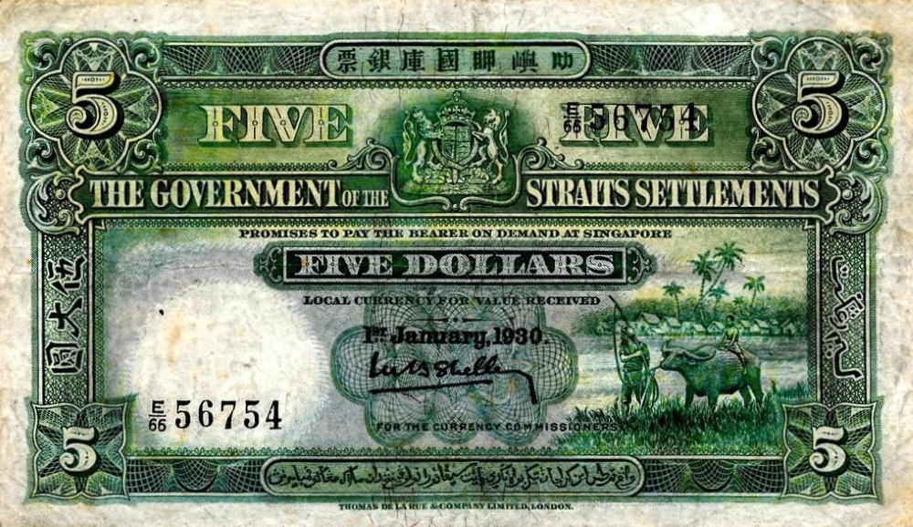 Front of Straits Settlements p10b: 5 Dollars from 1930