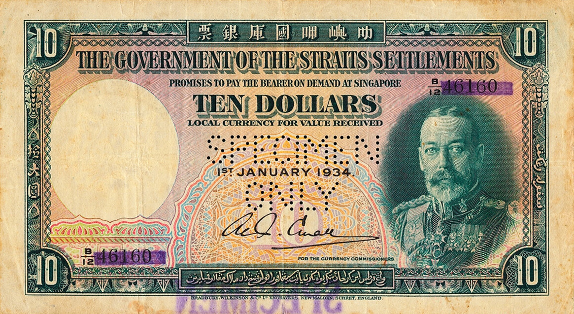 Front of Straits Settlements p18s: 10 Dollars from 1931