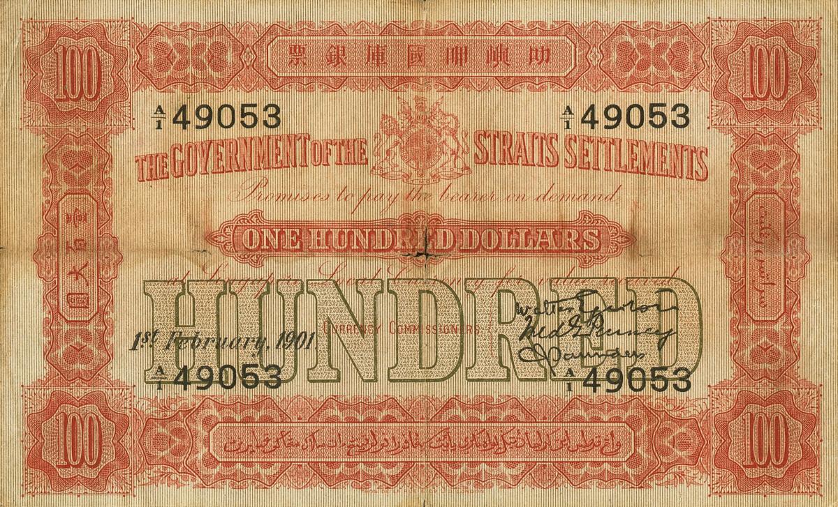 Front of Straits Settlements p4Ca: 100 Dollars from 1901