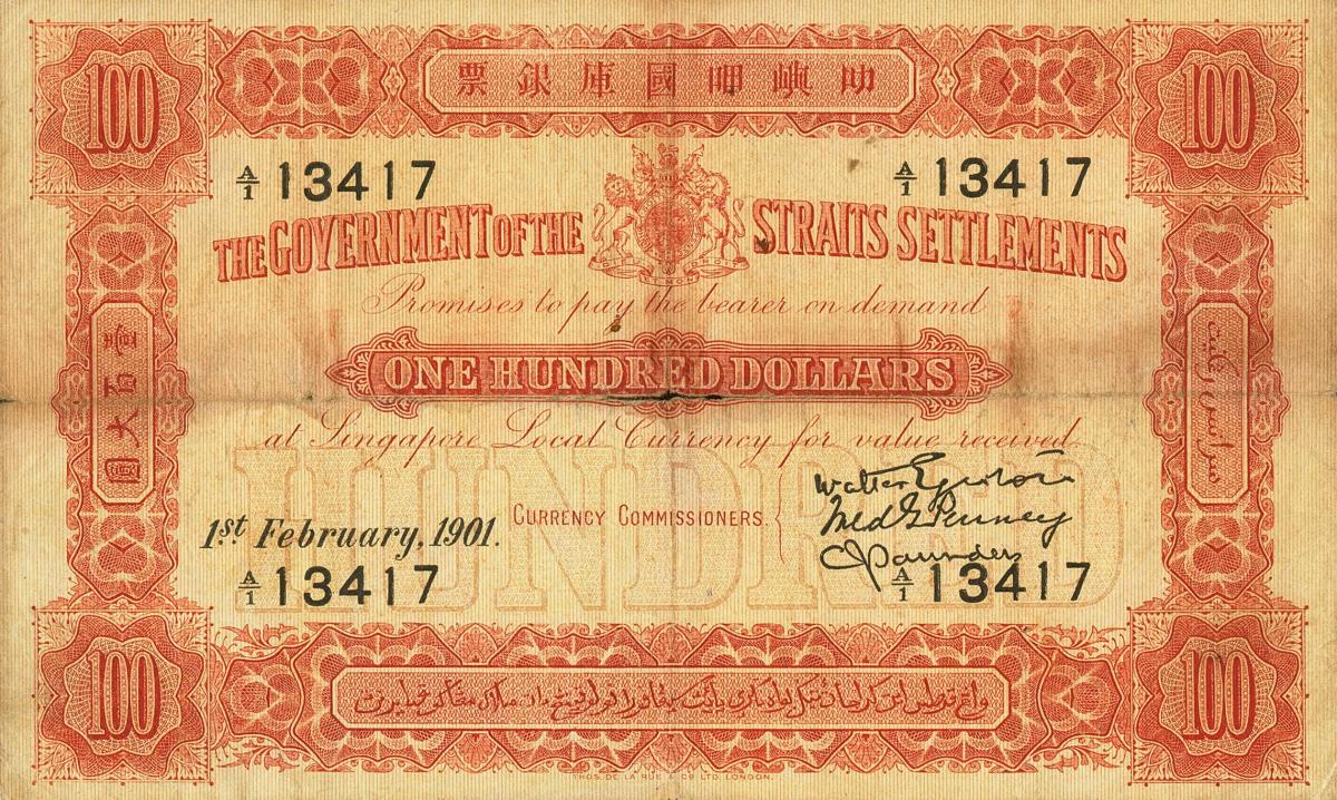 Front of Straits Settlements p4Cx: 100 Dollars from 1901