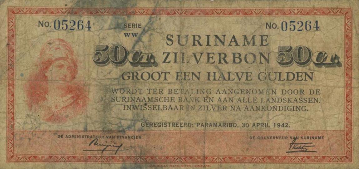 Front of Suriname p104c: 50 Cents from 1942