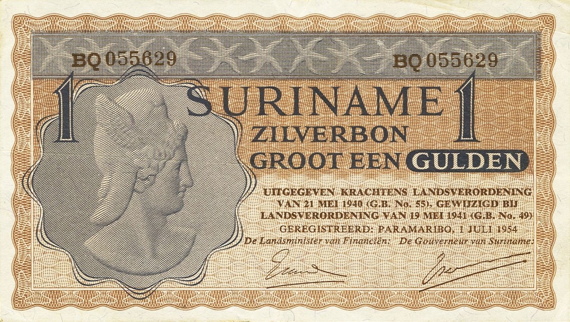 Front of Suriname p108a: 1 Gulden from 1954