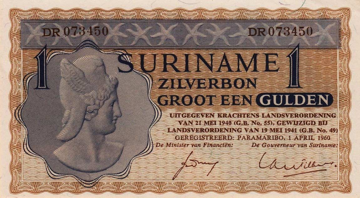 Front of Suriname p108b: 1 Gulden from 1956