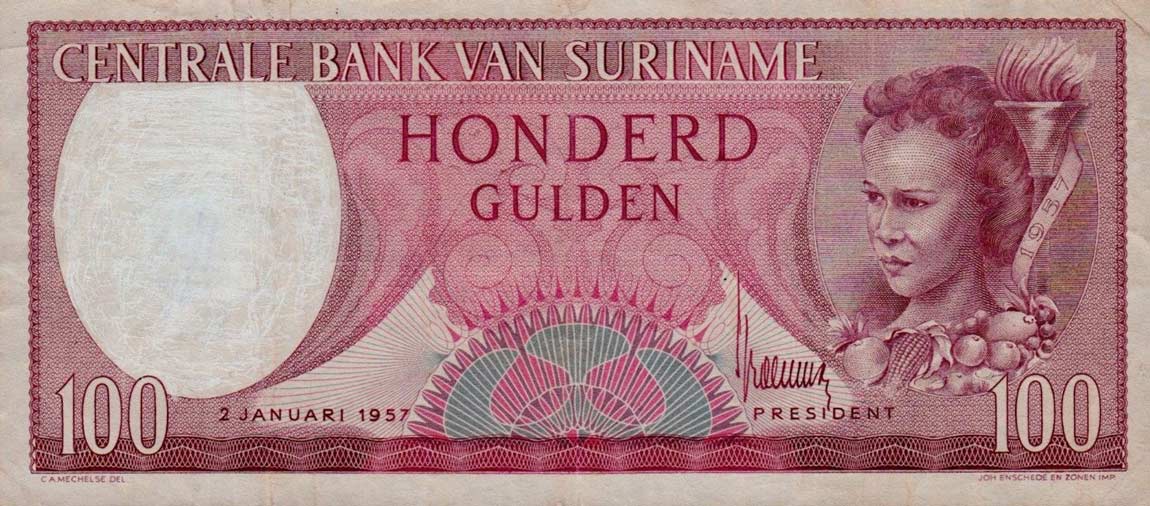 Front of Suriname p114a: 100 Gulden from 1957