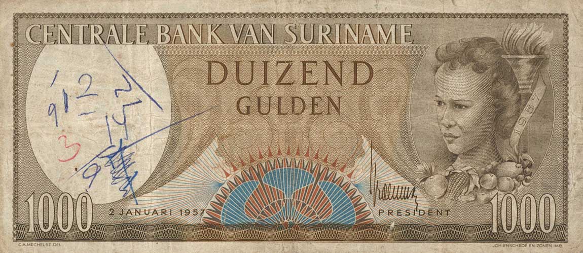 Front of Suriname p115a: 1000 Gulden from 1957