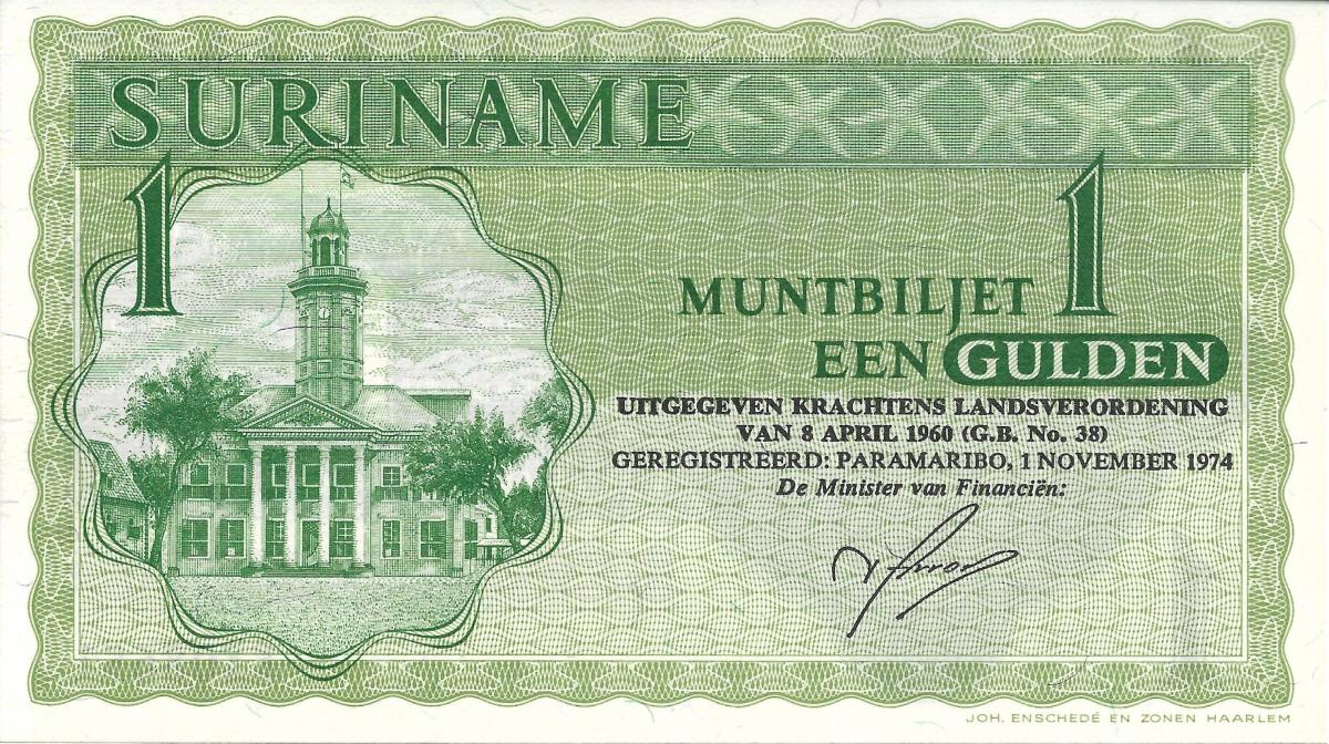 Front of Suriname p116d: 1 Gulden from 1974