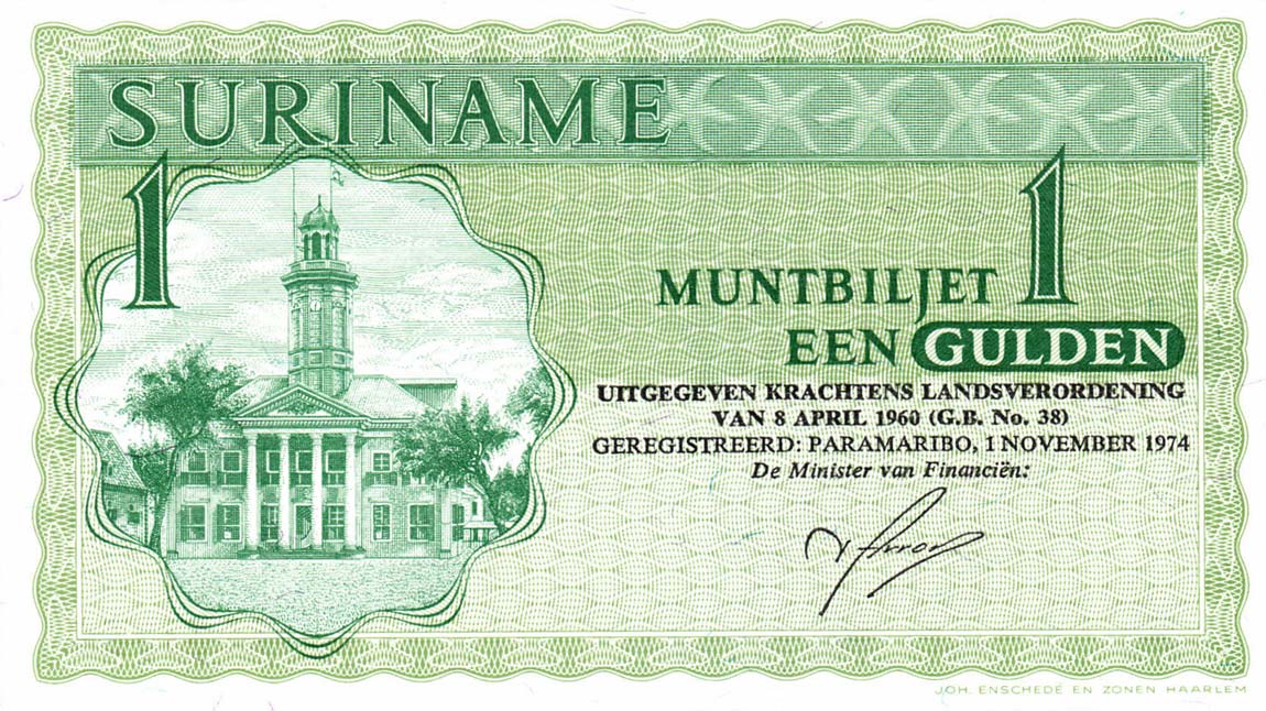 Front of Suriname p116e: 1 Gulden from 1974