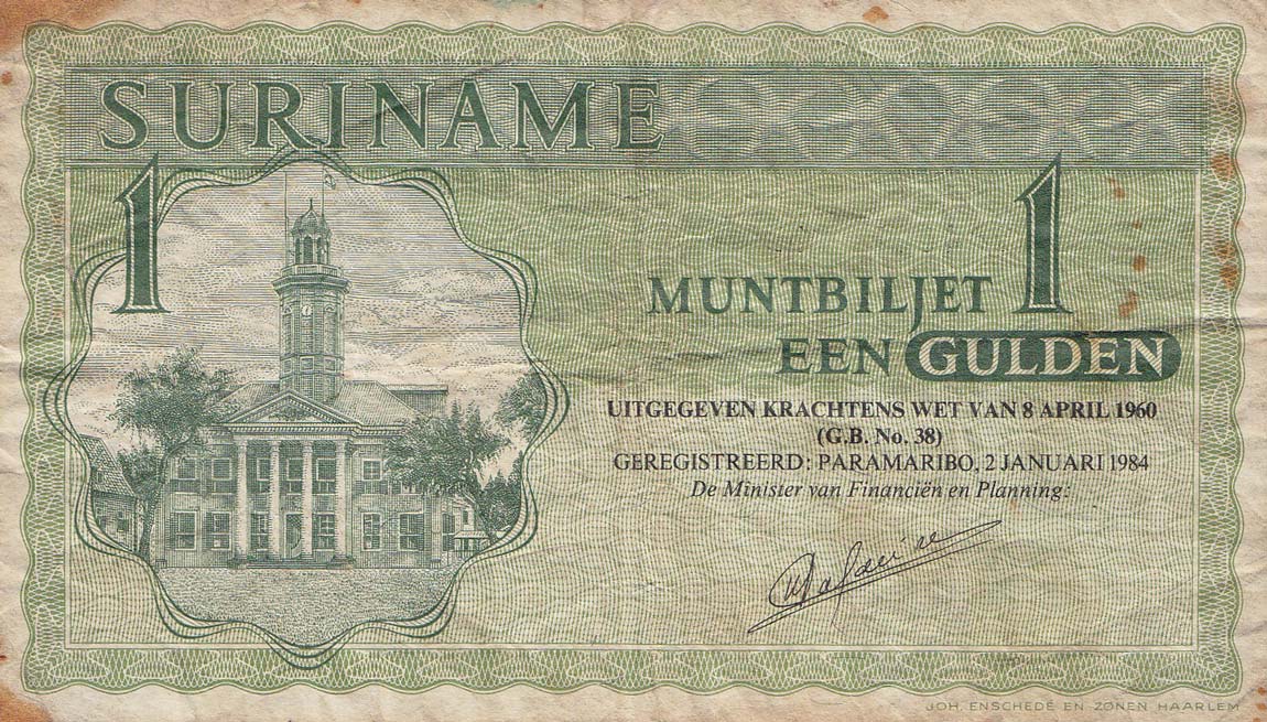 Front of Suriname p116g: 1 Gulden from 1984
