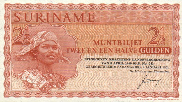 Front of Suriname p117a: 2.5 Gulden from 1961