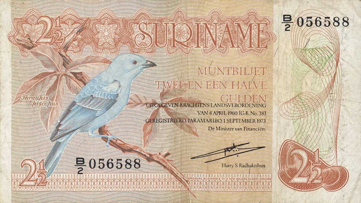 Front of Suriname p118a: 2.5 Gulden from 1973