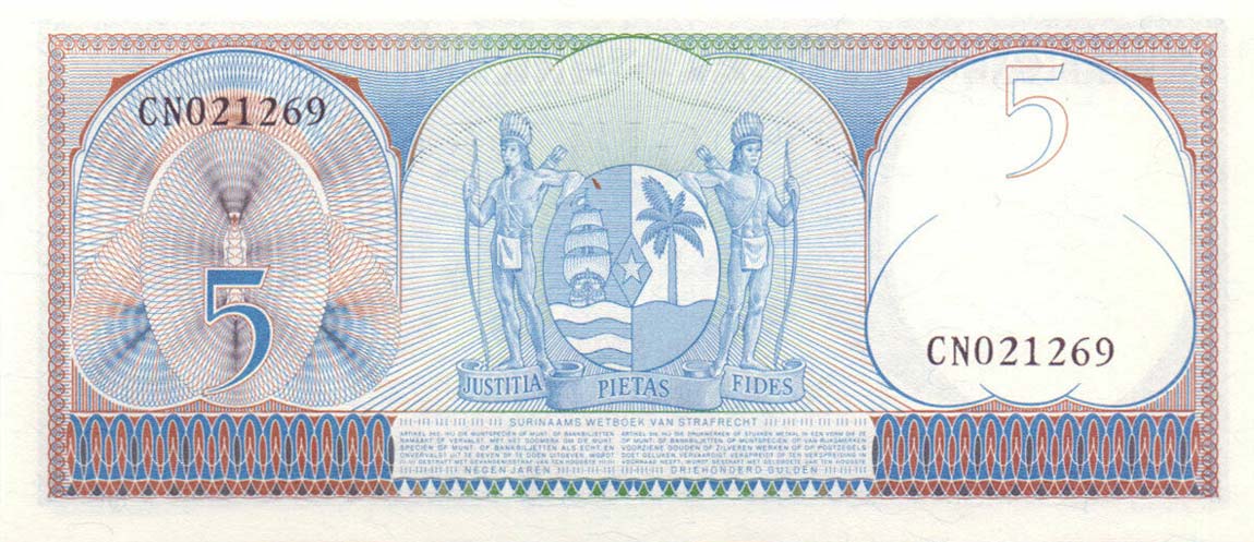 Back of Suriname p120a: 5 Gulden from 1963