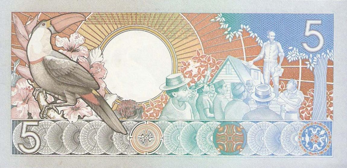 Back of Suriname p130a: 5 Gulden from 1986