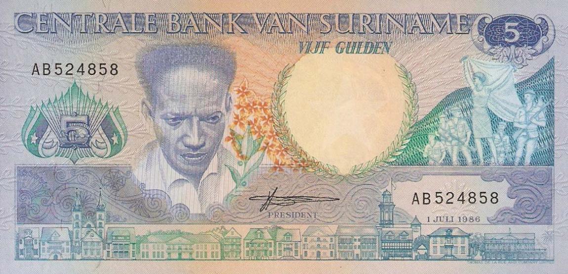 Front of Suriname p130a: 5 Gulden from 1986