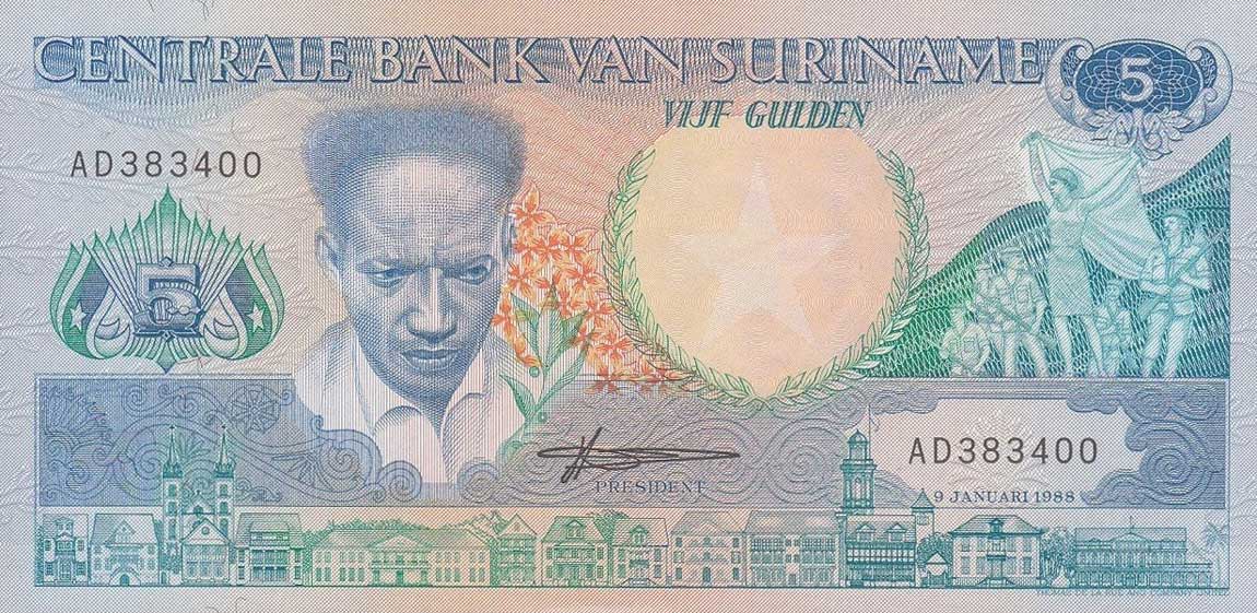 Front of Suriname p130b: 5 Gulden from 1988