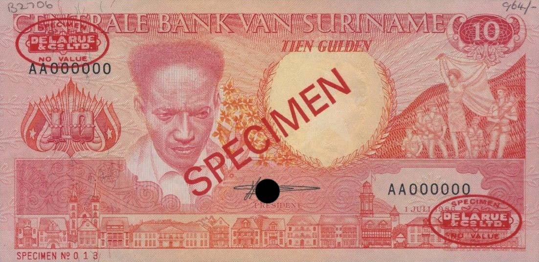 Front of Suriname p131s: 10 Gulden from 1986