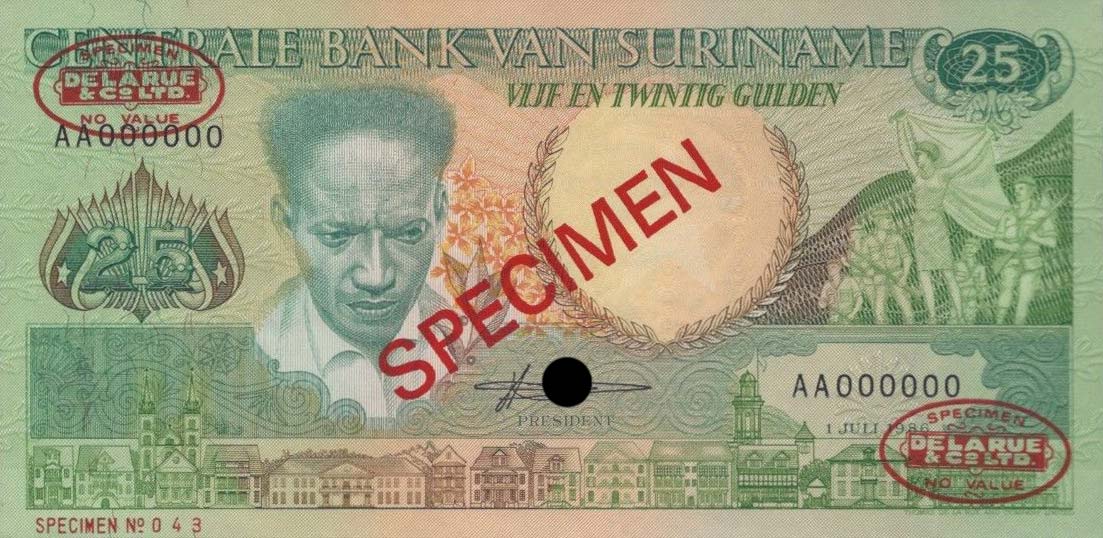 Front of Suriname p132s: 25 Gulden from 1986