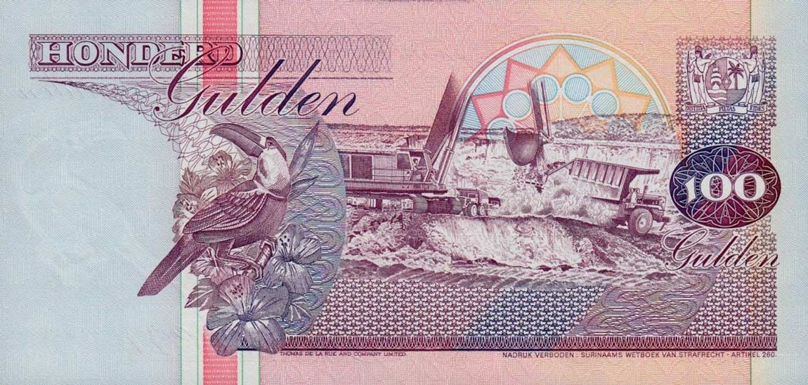 Back of Suriname p139a: 100 Gulden from 1991