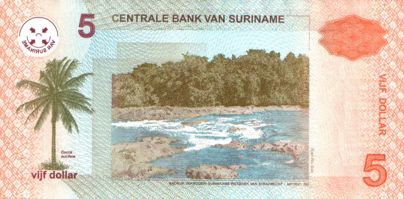 Back of Suriname p157a: 5 Dollars from 2004