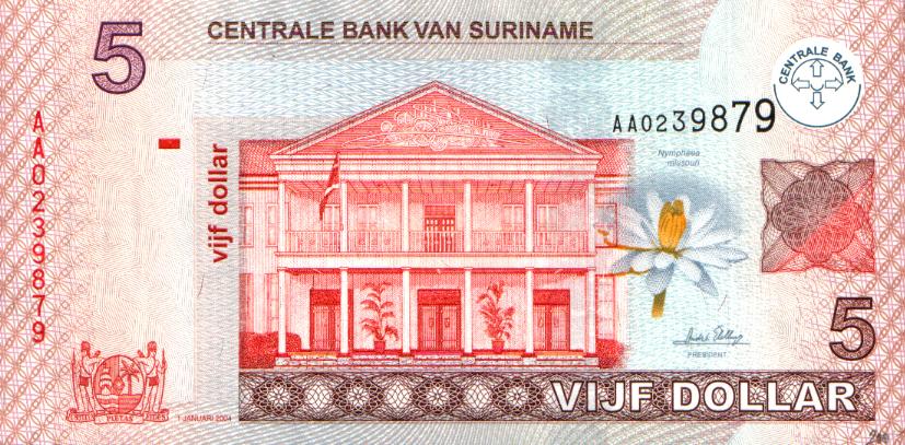 Front of Suriname p157a: 5 Dollars from 2004