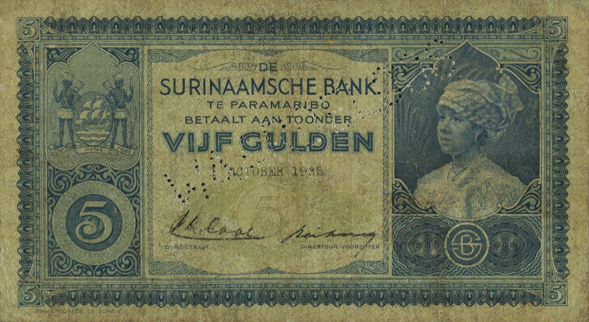 Front of Suriname p85a: 5 Gulden from 1935