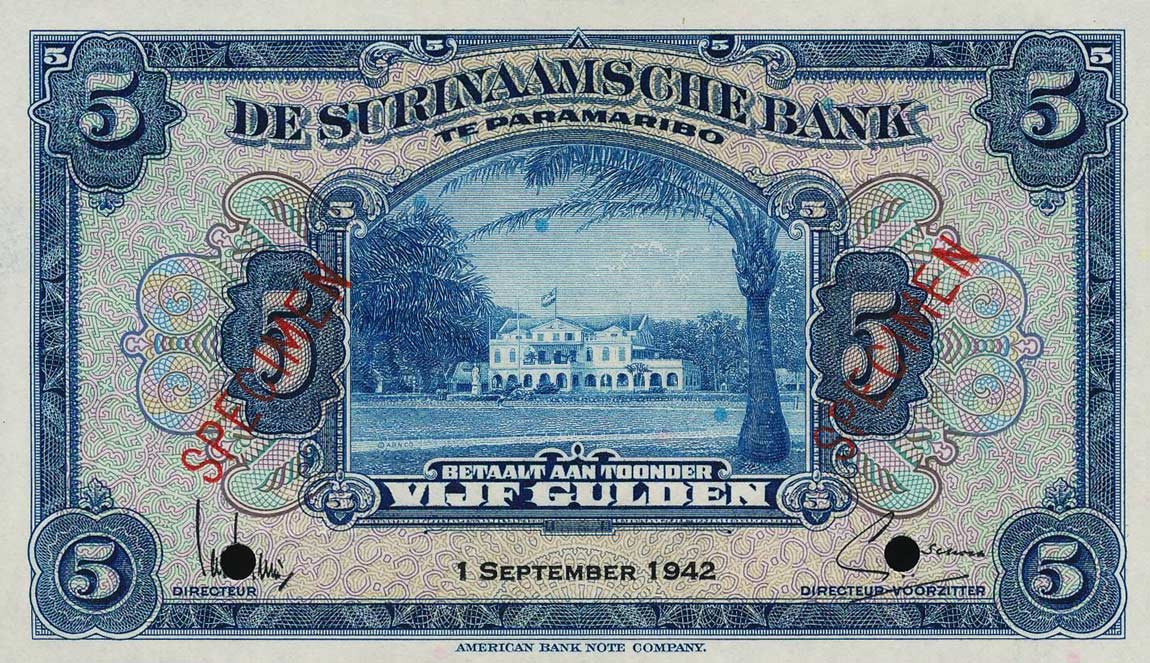 Front of Suriname p88s: 5 Gulden from 1942