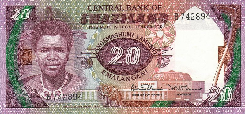 Front of Swaziland p12a: 20 Emalangeni from 1986