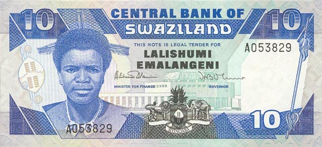 Front of Swaziland p15a: 10 Emalangeni from 1986