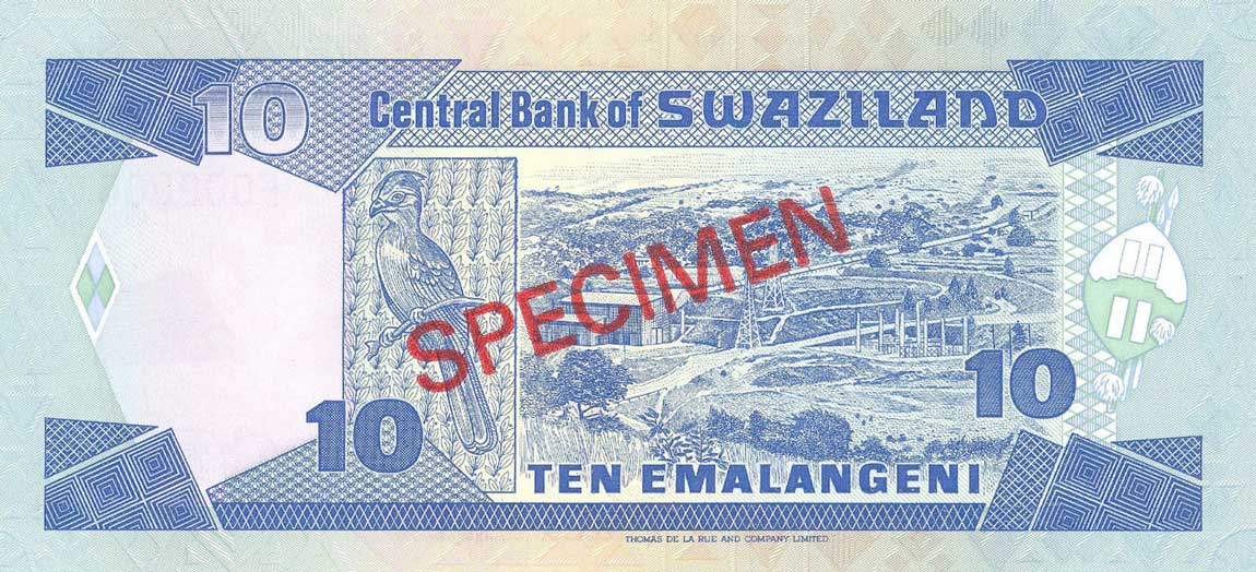 Back of Swaziland p15s: 10 Emalangeni from 1986