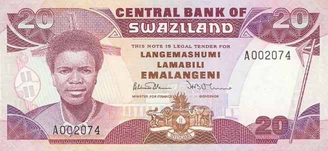 Front of Swaziland p16a: 20 Emalangeni from 1986