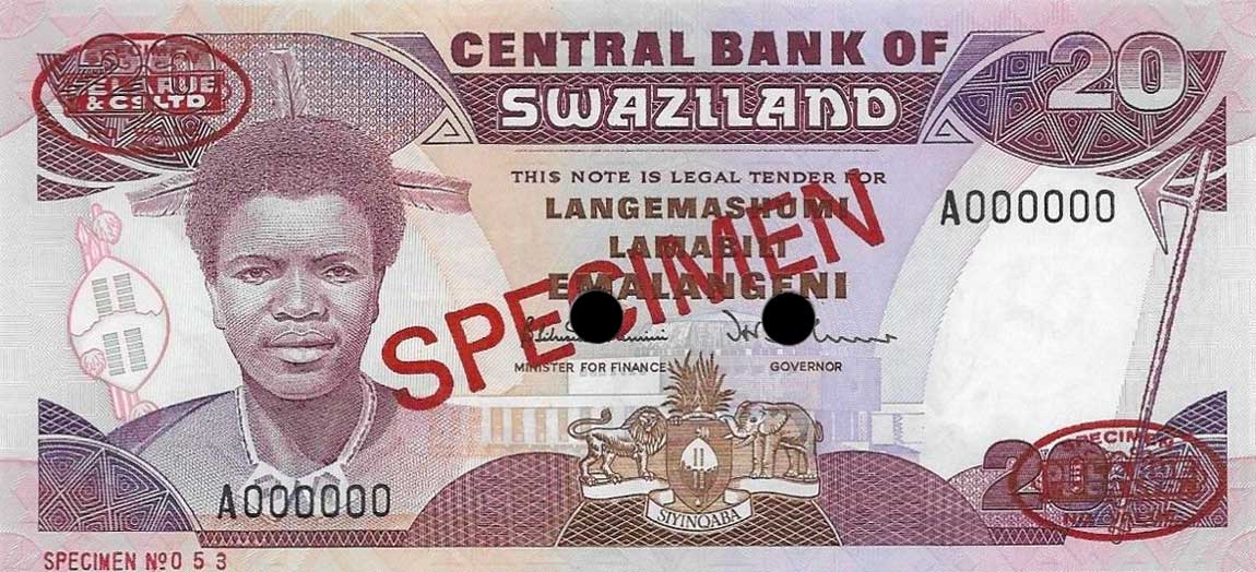 Front of Swaziland p16s: 20 Emalangeni from 1986