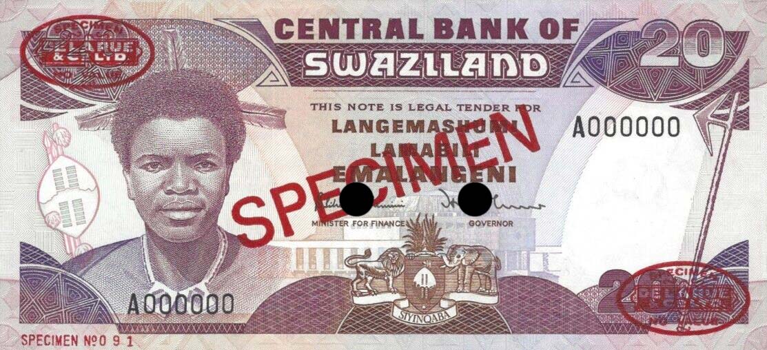 Front of Swaziland p17s: 20 Emalangeni from 1989