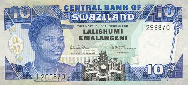 Front of Swaziland p20a: 10 Emalangeni from 1990