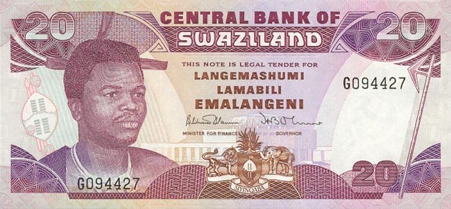 Front of Swaziland p21a: 20 Emalangeni from 1990