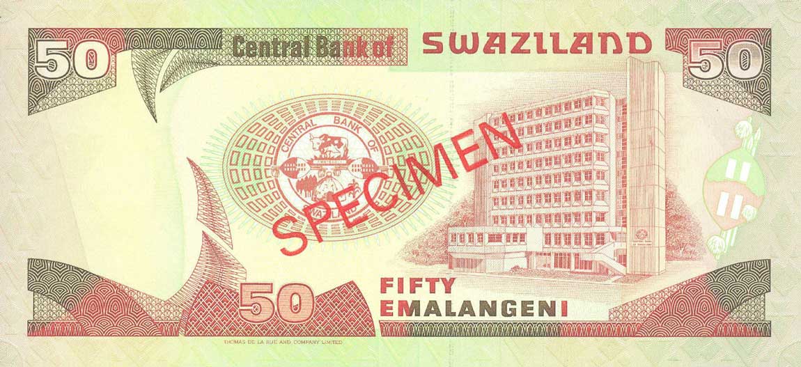 Back of Swaziland p22s2: 50 Emalangeni from 1995