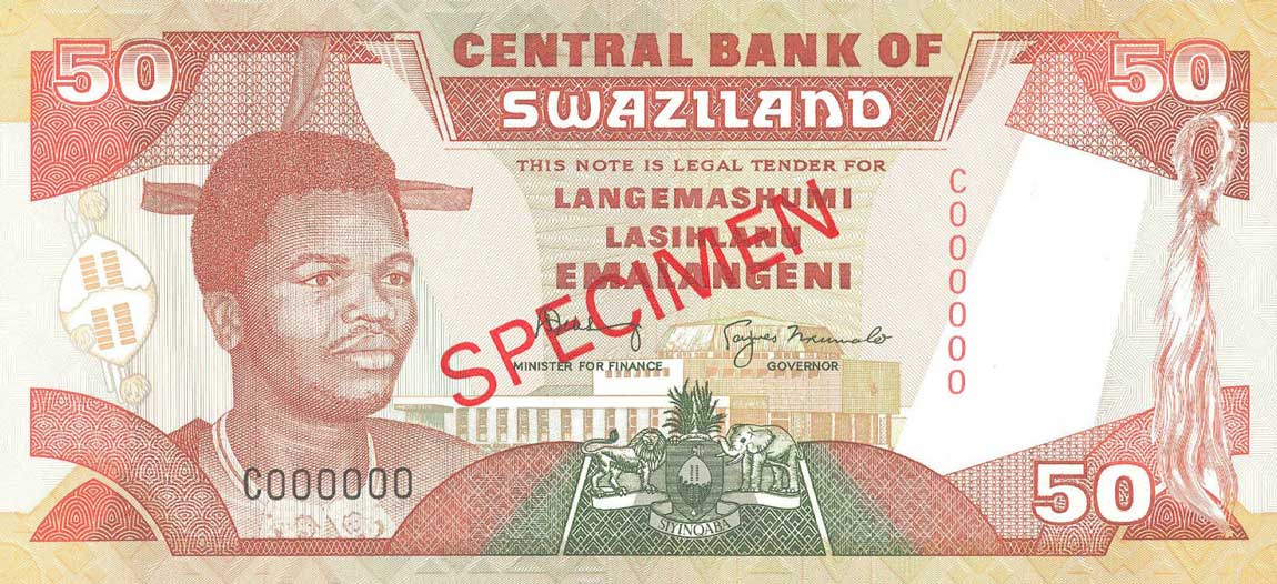 Front of Swaziland p22s2: 50 Emalangeni from 1995