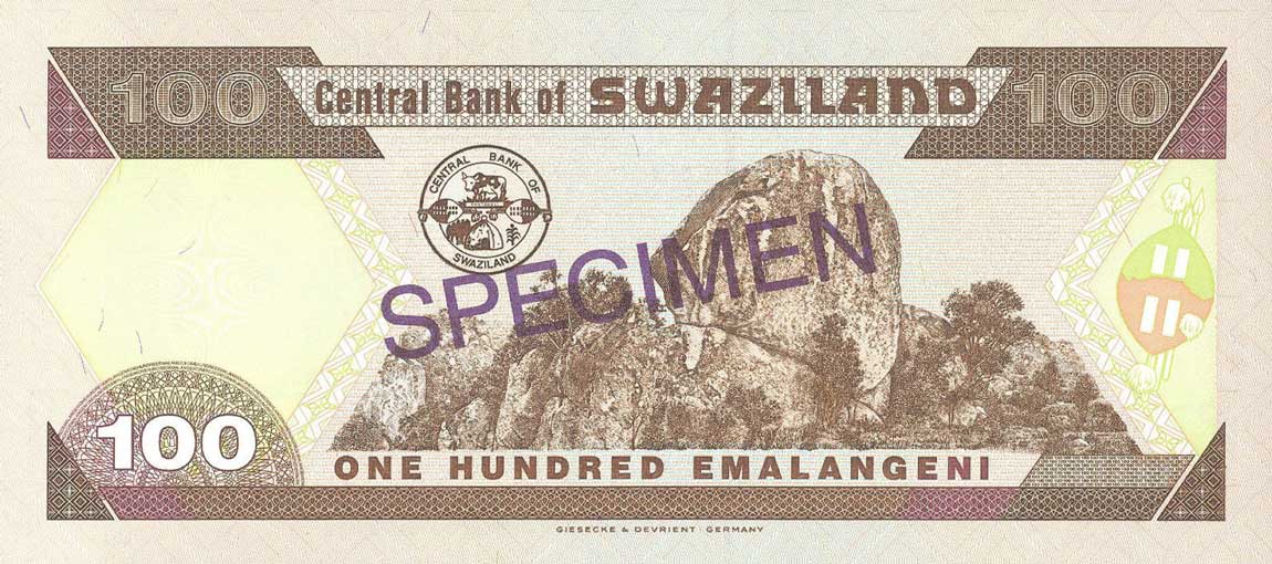 Back of Swaziland p27s: 100 Emalangeni from 1996