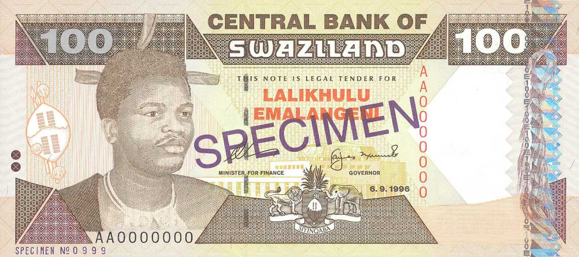 Front of Swaziland p27s: 100 Emalangeni from 1996