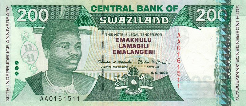 Front of Swaziland p28a: 200 Emalangeni from 1998