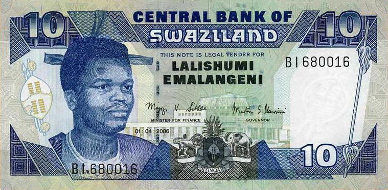 Front of Swaziland p29c: 10 Emalangeni from 2006