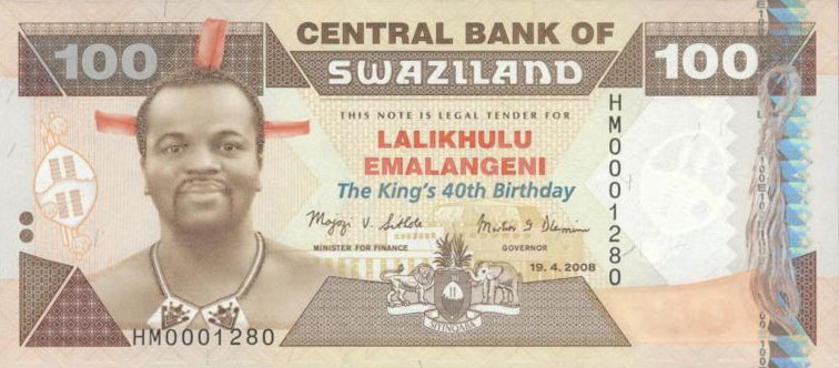 Front of Swaziland p34a: 100 Emalangeni from 2008