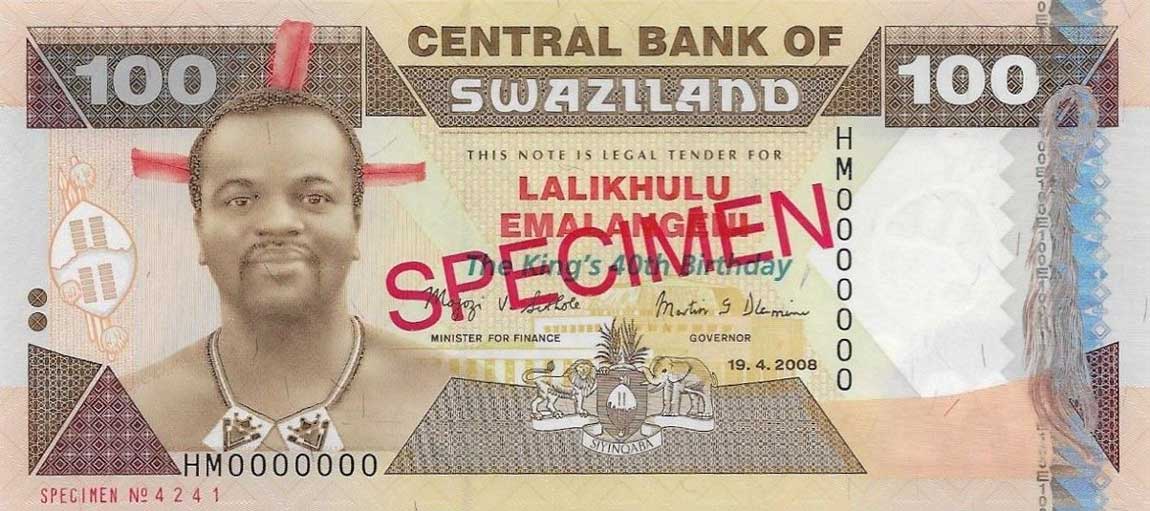 Front of Swaziland p34s: 100 Emalangeni from 2008