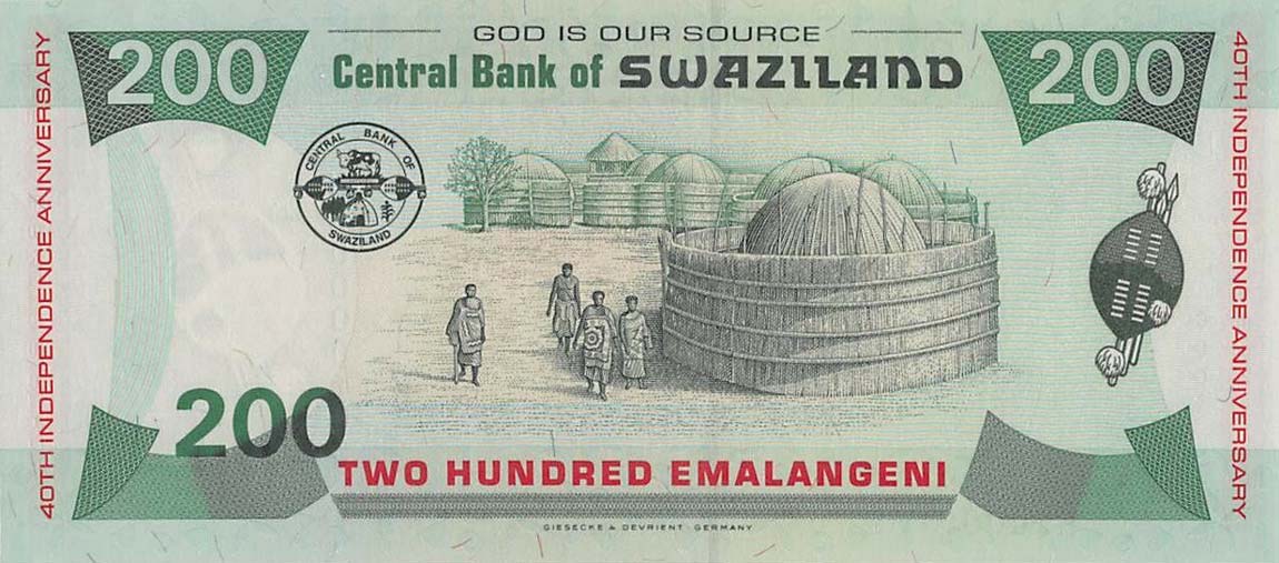 Back of Swaziland p35r: 200 Emalangeni from 2008