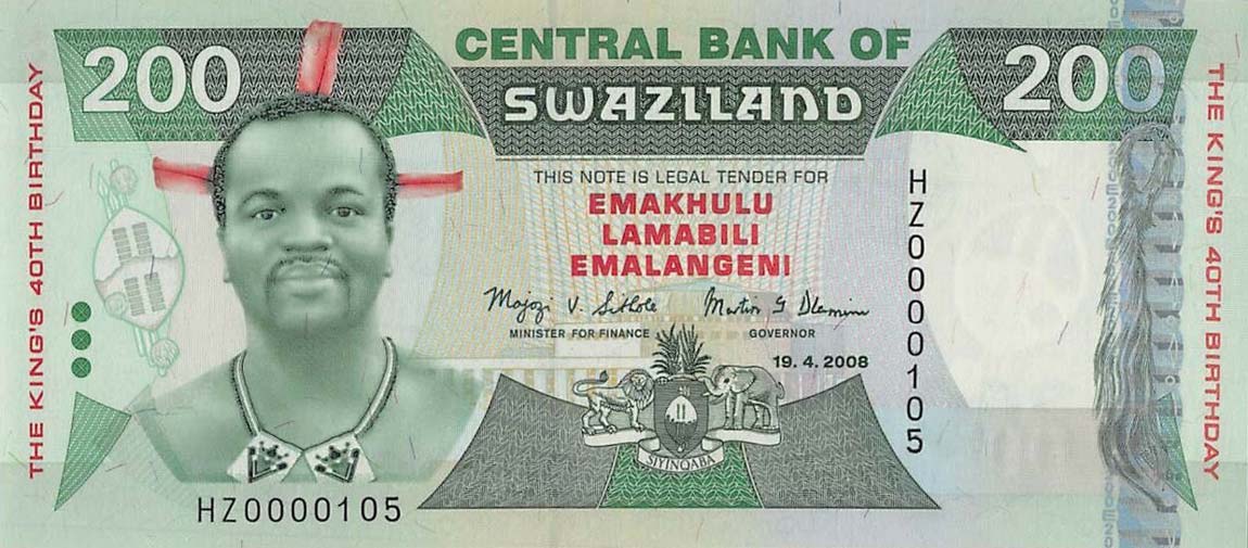 Front of Swaziland p35r: 200 Emalangeni from 2008